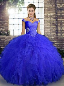 Free and Easy Royal Blue Tulle Lace Up Off The Shoulder Sleeveless Floor Length Sweet 16 Dress Beading and Ruffles