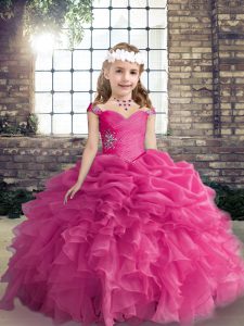 Hot Pink Ball Gowns Organza Straps Sleeveless Beading and Ruffles and Pick Ups Floor Length Lace Up Pageant Gowns For Girls