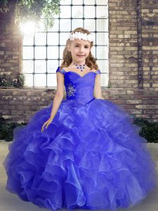 Organza Straps Sleeveless Lace Up Beading and Ruffles and Ruching Little Girls Pageant Dress in Blue