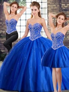 Blue Sleeveless Beading Lace Up Quinceanera Dress