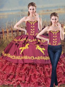 Satin and Organza Sweetheart Sleeveless Brush Train Lace Up Embroidery and Ruffles 15th Birthday Dress in Burgundy