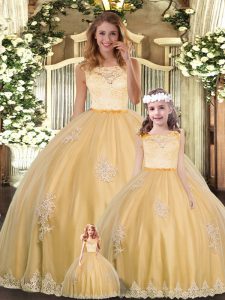 Sleeveless Tulle Floor Length Clasp Handle Quince Ball Gowns in Gold with Lace and Appliques