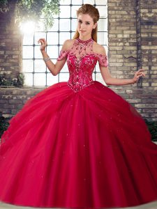 Sumptuous Sleeveless Beading and Pick Ups Lace Up Sweet 16 Quinceanera Dress with Coral Red Brush Train