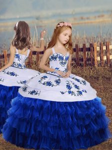 Smart Royal Blue Straps Neckline Embroidery and Ruffled Layers Girls Pageant Dresses Sleeveless Lace Up
