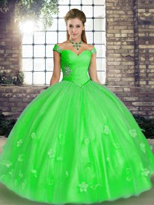 Off The Shoulder Sleeveless Quinceanera Dresses Floor Length Beading and Appliques Green Tulle