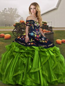 Stylish Green Organza Lace Up Off The Shoulder Sleeveless Floor Length Quinceanera Gown Embroidery and Ruffles