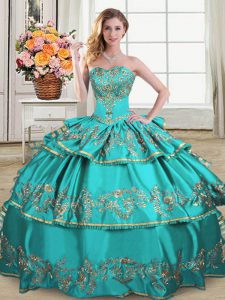 Comfortable Aqua Blue Sleeveless Floor Length Embroidery and Ruffled Layers Lace Up Quinceanera Dress