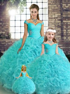 Shining Aqua Blue Off The Shoulder Neckline Beading Quince Ball Gowns Sleeveless Lace Up