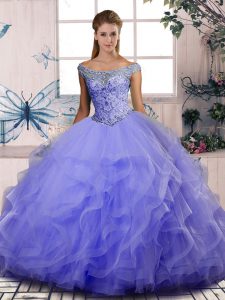 Dazzling Off The Shoulder Sleeveless Lace Up Ball Gown Prom Dress Lavender Tulle