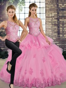 Fitting Rose Pink Lace Up Vestidos de Quinceanera Lace and Embroidery and Ruffles Sleeveless Floor Length