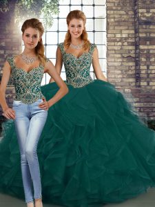 Peacock Green Straps Lace Up Beading and Ruffles Ball Gown Prom Dress Sleeveless