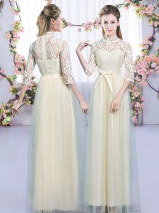 Champagne High-neck Neckline Lace and Bowknot Dama Dress Half Sleeves Zipper