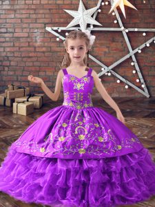 Lavender Satin and Organza Lace Up Little Girl Pageant Gowns Sleeveless Floor Length Embroidery and Ruffled Layers
