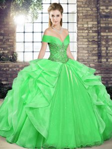 Delicate Green Lace Up Off The Shoulder Beading and Ruffles Vestidos de Quinceanera Organza Sleeveless
