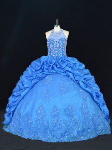 Admirable Blue Halter Top Neckline Beading and Appliques and Embroidery and Pick Ups Quinceanera Gown Sleeveless Lace Up