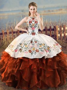 Charming Rust Red Organza Lace Up Quinceanera Dress Sleeveless Floor Length Embroidery and Ruffles
