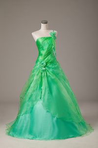 Floor Length Green 15 Quinceanera Dress One Shoulder Sleeveless Lace Up