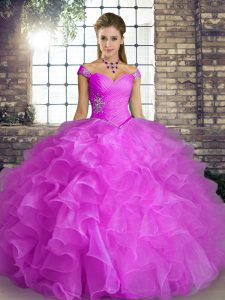 Lilac Organza Lace Up Off The Shoulder Sleeveless Floor Length Sweet 16 Quinceanera Dress Beading and Ruffles