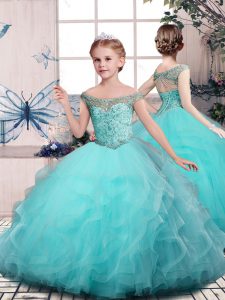 Aqua Blue Tulle Lace Up Kids Pageant Dress Sleeveless Floor Length Beading and Ruffles