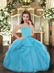 Popular Floor Length Lace Up Girls Pageant Dresses Blue for Party and Sweet 16 and Wedding Party with Ruffles