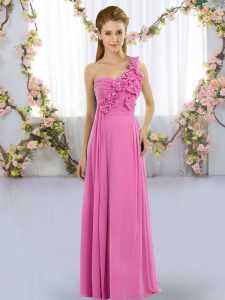 Rose Pink Sleeveless Hand Made Flower Floor Length Quinceanera Dama Dress