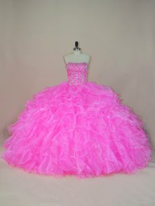 Strapless Sleeveless Lace Up Quinceanera Dresses Pink Organza