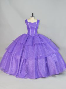 Graceful Ball Gowns 15th Birthday Dress Lavender Straps Organza Sleeveless Floor Length Lace Up