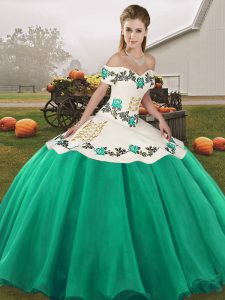 Turquoise Off The Shoulder Neckline Embroidery Quince Ball Gowns Sleeveless Lace Up