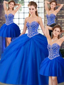 Royal Blue Lace Up Sweetheart Beading and Pick Ups 15th Birthday Dress Tulle Sleeveless Brush Train