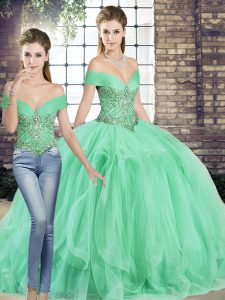 Modest Apple Green Quinceanera Gown Military Ball and Sweet 16 and Quinceanera with Beading and Ruffles Off The Shoulder Sleeveless Lace Up