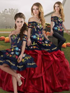 Flare Off The Shoulder Sleeveless Lace Up Quince Ball Gowns Red And Black Organza