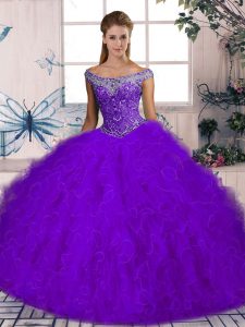 Custom Fit Purple Ball Gowns Off The Shoulder Sleeveless Tulle Brush Train Lace Up Beading and Ruffles 15th Birthday Dress
