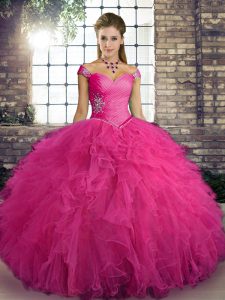 Beading and Ruffles Sweet 16 Dresses Hot Pink Lace Up Sleeveless Floor Length