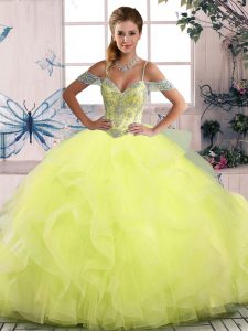 Wonderful Sleeveless Tulle Floor Length Side Zipper 15 Quinceanera Dress in Yellow Green with Beading and Ruffles
