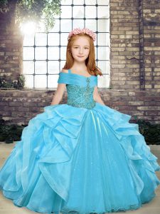 Fine Floor Length Lace Up Child Pageant Dress Aqua Blue for Party and Wedding Party with Beading and Ruffles