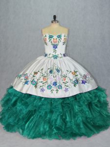 Romantic Turquoise Ball Gowns Sweetheart Sleeveless Organza Floor Length Lace Up Embroidery and Ruffles Quinceanera Dress