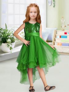 Green Organza Zipper Scoop Sleeveless High Low Pageant Gowns Sequins and Bowknot