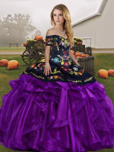 Free and Easy Black And Purple Ball Gowns Off The Shoulder Sleeveless Organza Floor Length Lace Up Embroidery and Ruffles Sweet 16 Quinceanera Dress