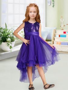 Purple Zipper Little Girl Pageant Gowns Sequins and Bowknot Sleeveless High Low