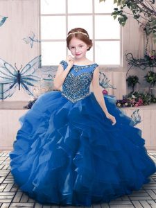 Ball Gowns Little Girl Pageant Gowns Blue Scoop Organza Sleeveless Floor Length Zipper