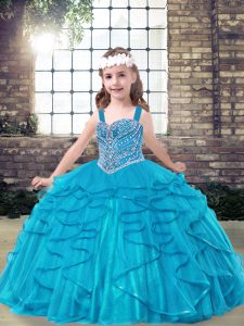 Straps Sleeveless Lace Up Pageant Dress for Teens Blue Tulle