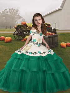 Low Price Turquoise Lace Up Straps Embroidery and Ruffled Layers Pageant Gowns For Girls Tulle Sleeveless