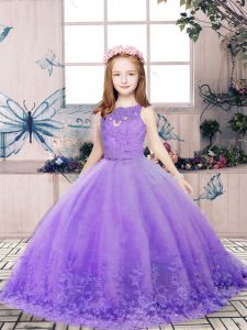 Luxury Lavender Scoop Backless Lace and Appliques Little Girls Pageant Dress Sleeveless
