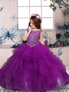 Customized Ball Gowns Kids Pageant Dress Purple Scoop Tulle Sleeveless Floor Length Zipper