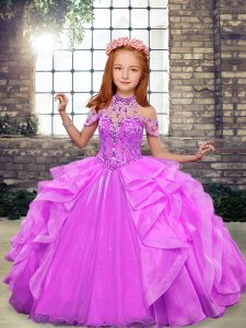 Lilac Organza Lace Up High-neck Sleeveless Floor Length Little Girls Pageant Dress Wholesale Beading
