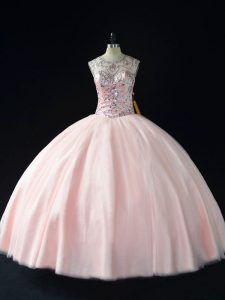 Dazzling Pink Ball Gown Prom Dress Sweet 16 and Quinceanera with Beading Scoop Sleeveless Lace Up
