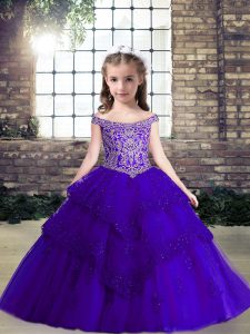 Trendy Purple Tulle Lace Up Off The Shoulder Sleeveless Floor Length Girls Pageant Dresses Beading and Lace and Appliques