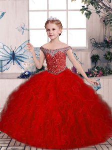 Off The Shoulder Sleeveless Tulle Pageant Gowns For Girls Beading and Ruffles Lace Up