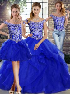 Glamorous Royal Blue Off The Shoulder Lace Up Beading and Ruffles 15 Quinceanera Dress Brush Train Sleeveless