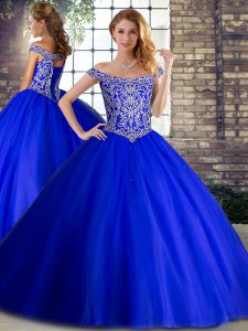 Ideal Sleeveless Brush Train Lace Up Beading Quinceanera Dress